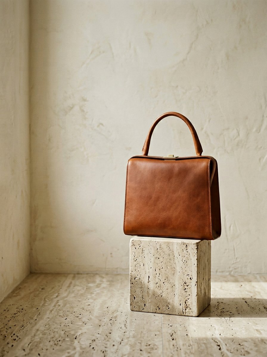 Bags — sculpted cognac leather tote on travertine plinth