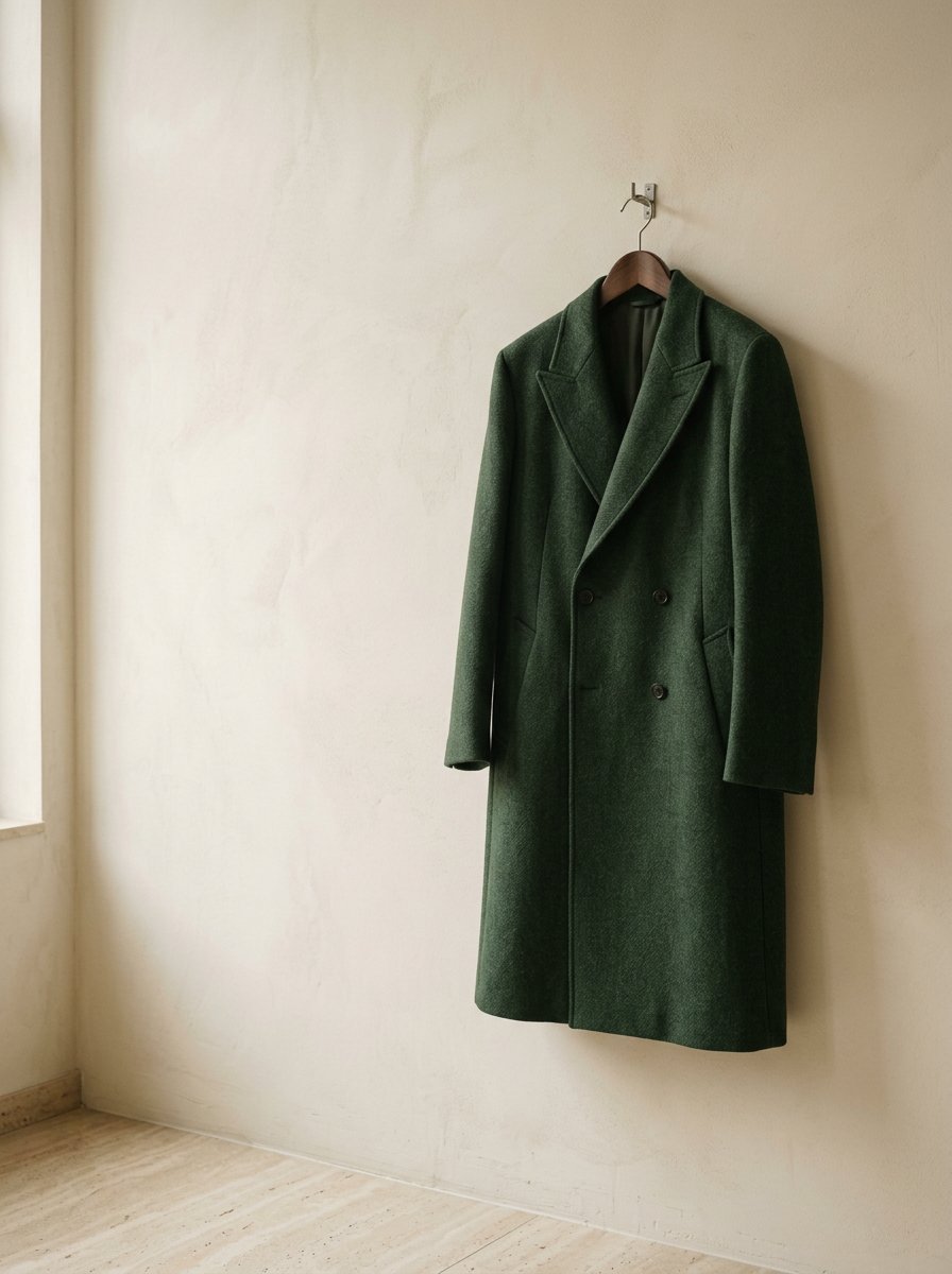 Clothing — wool overcoat hanging in an ivory atelier