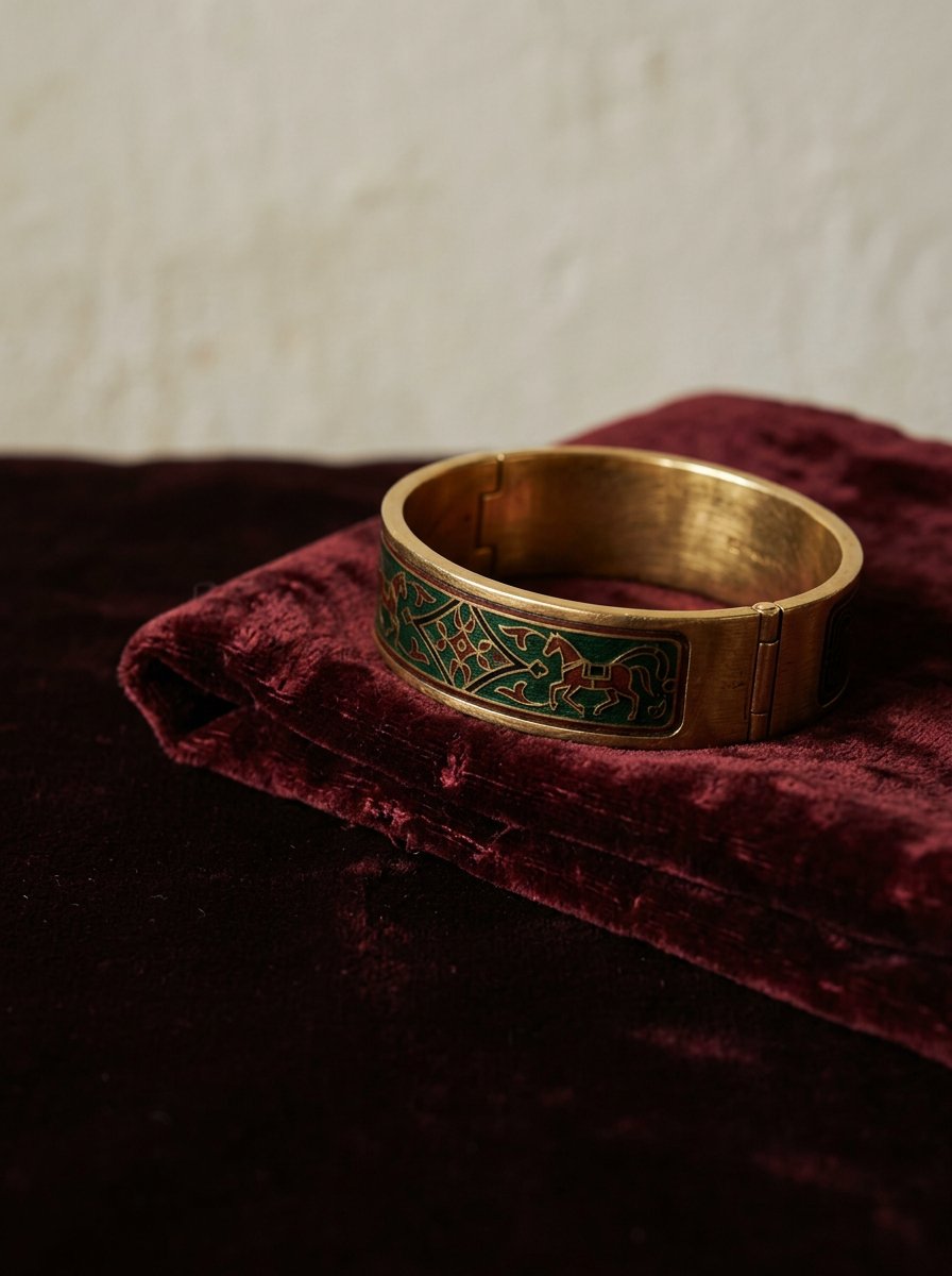 Heritage — antique cloisonné gold bangle on oxblood velvet