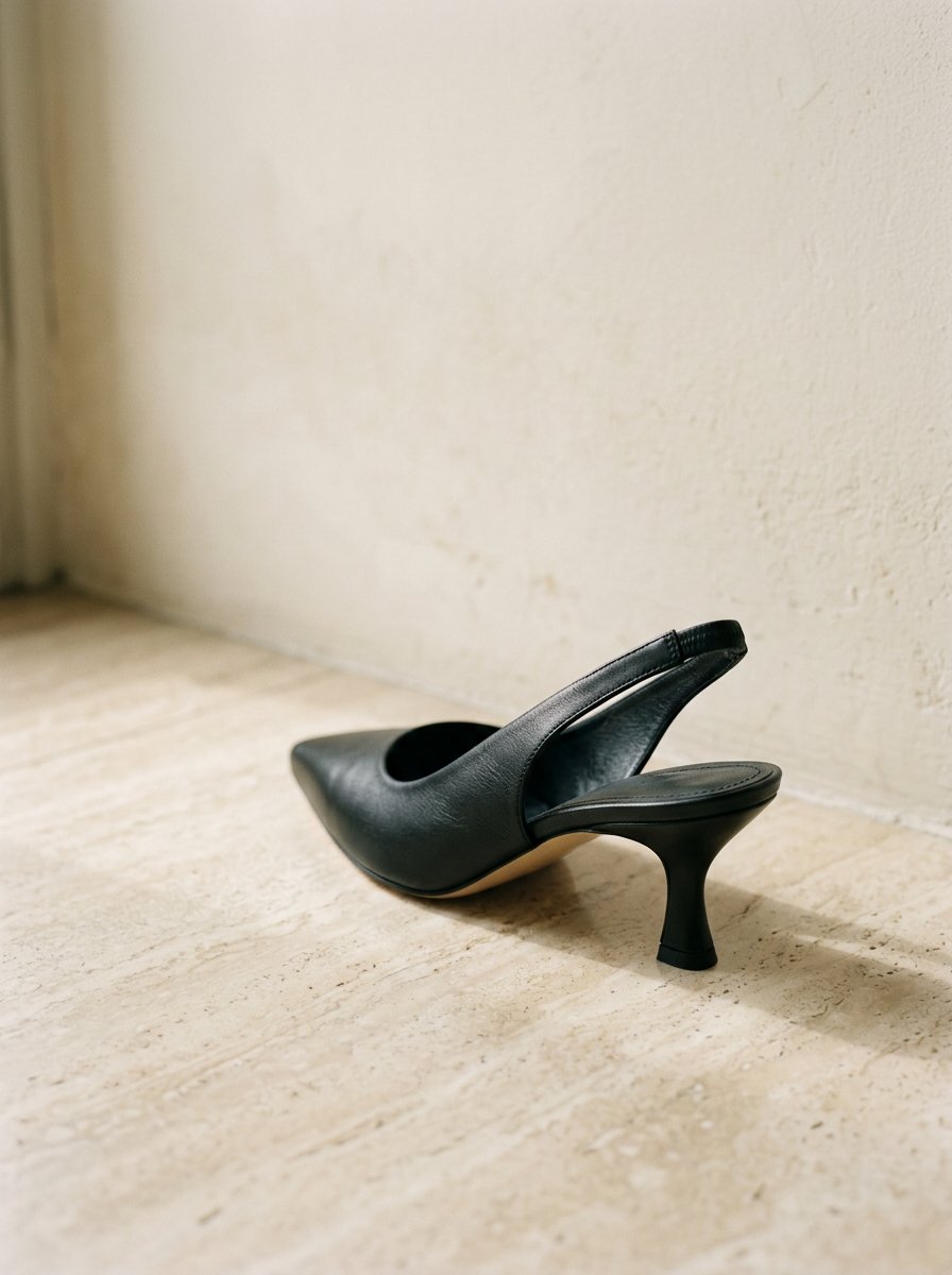 Shoes — black leather slingback heel on travertine floor