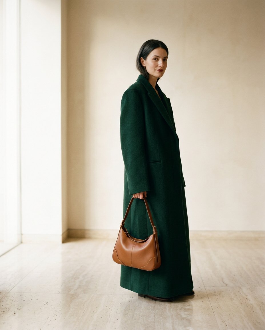 Saint77 A/W 26 — Maison Aurelle wool overcoat with Casa Livia caramel leather bag